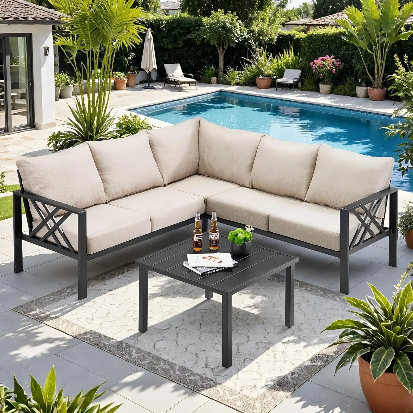 ANGDUO Patio Furniture Set L Shaped Sofa Coffee Table