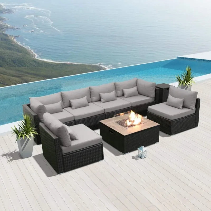 OEING Outdoor Patio Sectional Sofa With Gas Fire Pit Table