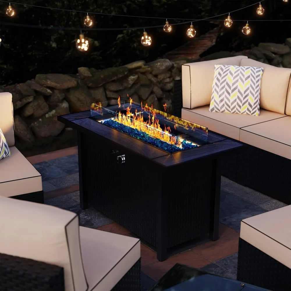 45in Fire Table, Propane Fire Pit with Glass Wind Guard and Rain Cover, Outdoor Firepit Table 50000 BTU 3-in-1 Fire Table for P
