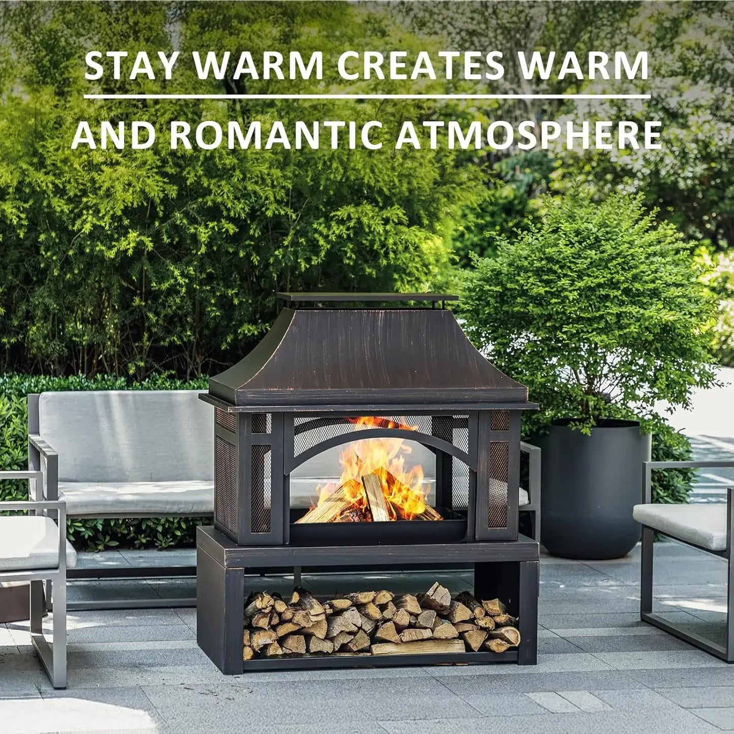 XMSJ Wood Burning Outdoor Fireplace With Chimney SparkGuard