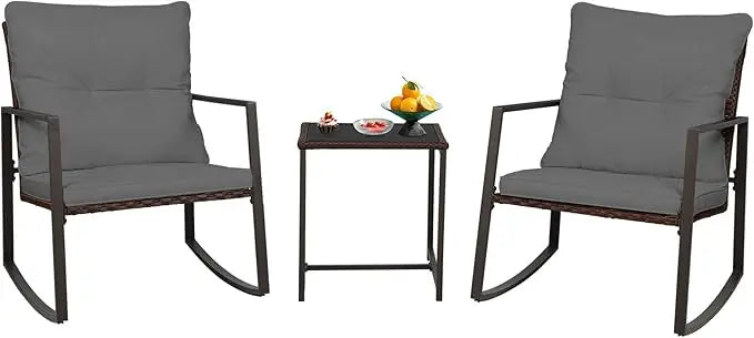 3-Piece Patio Bistro Set Outdoor Rocking Chairs Set Brown Wicker Porch Chairs with Glass Coffee Table, Beige Cushion