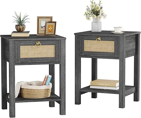 Ticify Boho Rattan Nightstand Set Of 2 With Drawers