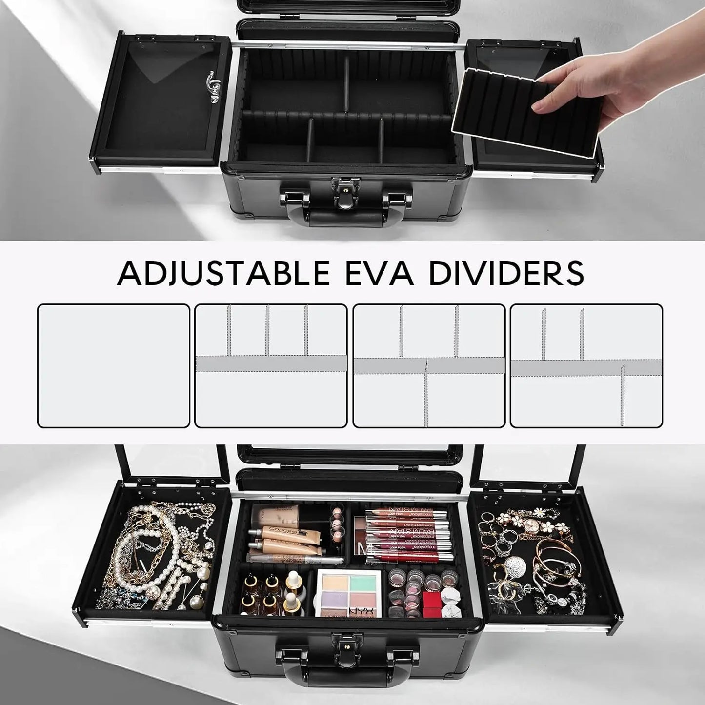 Makeup Case With LED Mirror, Makeup Train Case with Makeup Organizer Bag with Dividers, Fold-out Trays for Jewelry Storage