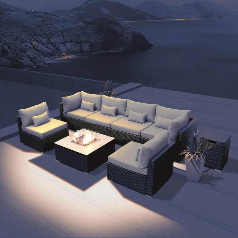 OEING Outdoor Patio Sectional Sofa With Gas Fire Pit Table