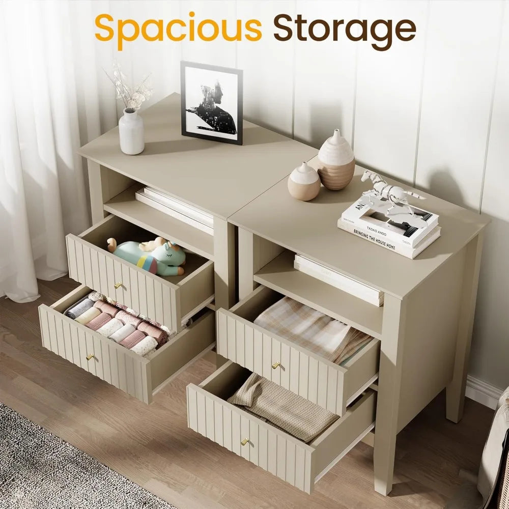 Beige Fluted Nightstand Set of 2, Colorful Nightstand with 2 Drawers, Modern Wooden End Table with Storage for Small Spaces, Si