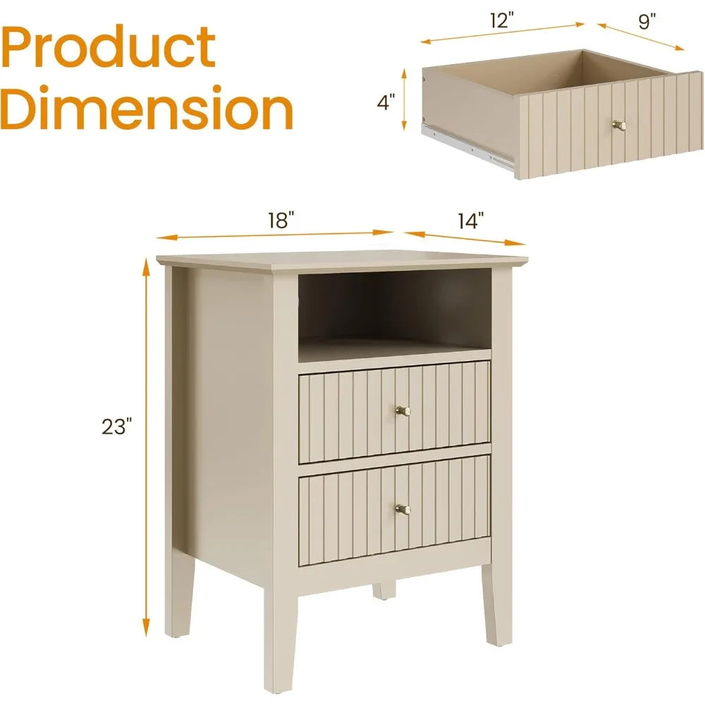 Beige Fluted Nightstand Set of 2, Colorful Nightstand with 2 Drawers, Modern Wooden End Table with Storage for Small Spaces, Si