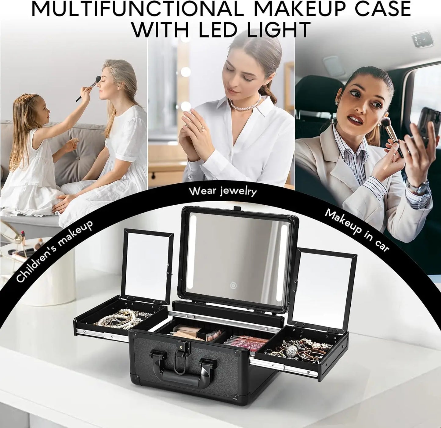 Makeup Case With LED Mirror, Makeup Train Case with Makeup Organizer Bag with Dividers, Fold-out Trays for Jewelry Storage