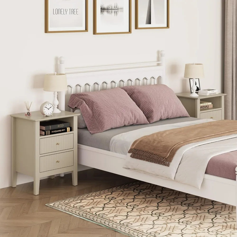 Beige Fluted Nightstand Set of 2, Colorful Nightstand with 2 Drawers, Modern Wooden End Table with Storage for Small Spaces, Si