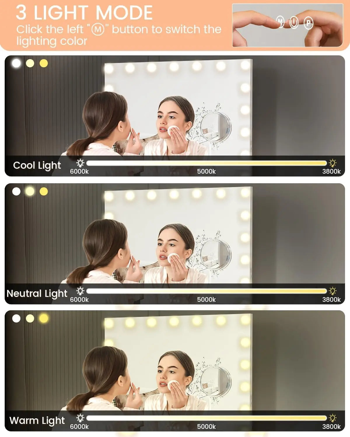 Vanity Mirror with Lights 17 Dimmable LED Bulbs Lighted 3 Color Modes Touch Control Makeup Mirror 3X Magnification for Bedroom