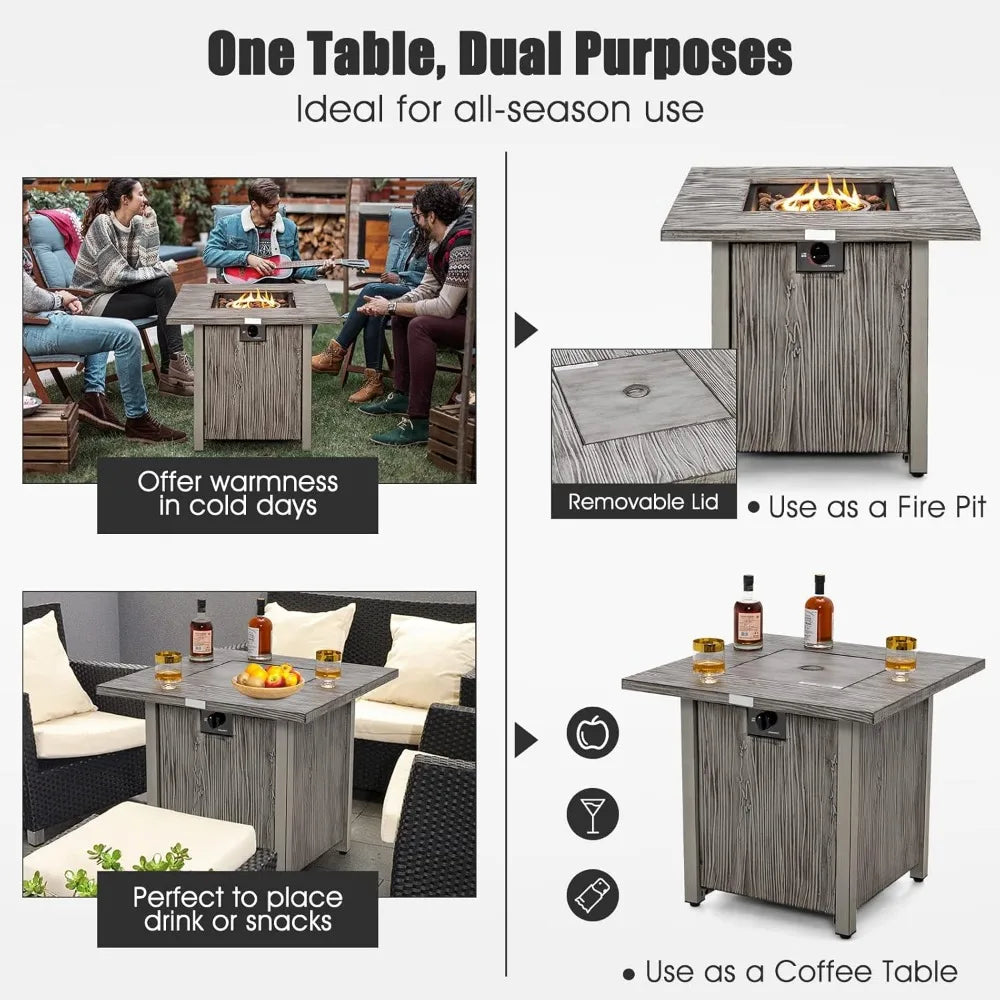 28” Patio Fire Pit Table - 2-in-1 40,000 BTU Gas Square Fire Table with Lid & Lava Rocks, Metal Frame, PVC Protective Cover, CS
