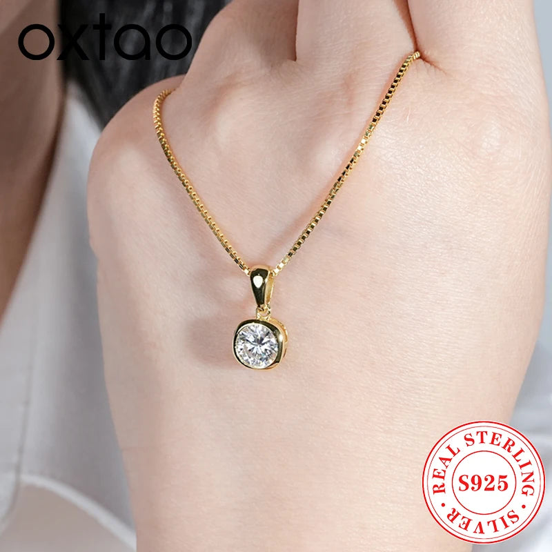 OXTao 1CT Moissanite Pendant Necklace Glittering Lab Diamond for Women Real 925 Silver Birthday Party Jewelry Gift
