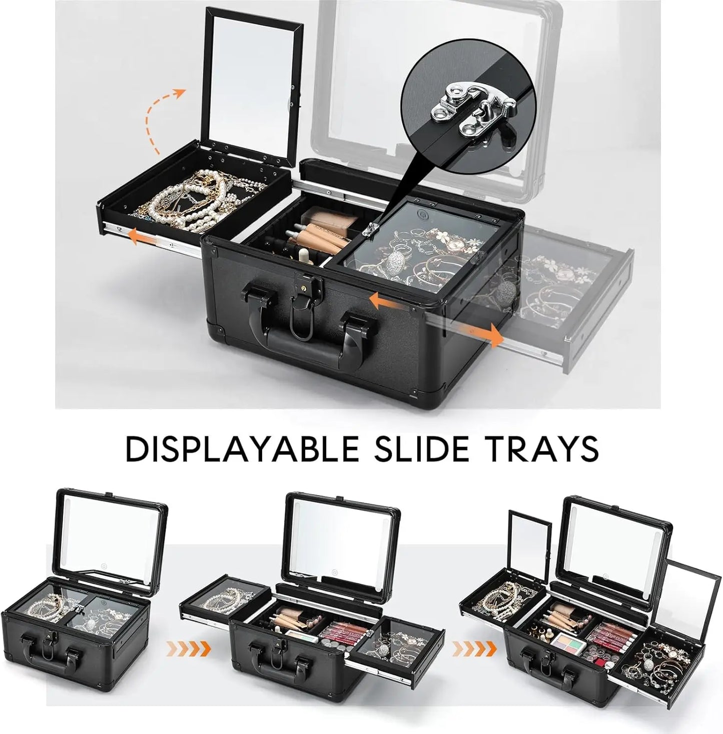 Makeup Case With LED Mirror, Makeup Train Case with Makeup Organizer Bag with Dividers, Fold-out Trays for Jewelry Storage