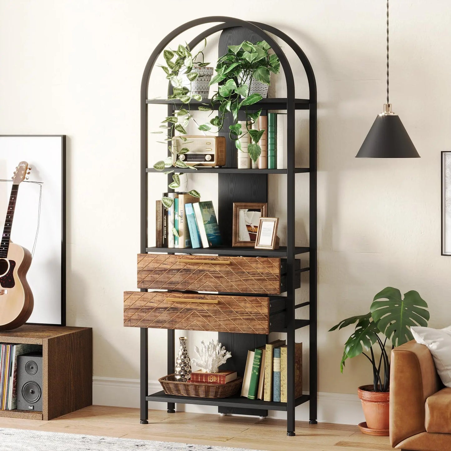Tribesigns 4 Tier Bookshelf With 2 Drawers Arched Bookcase