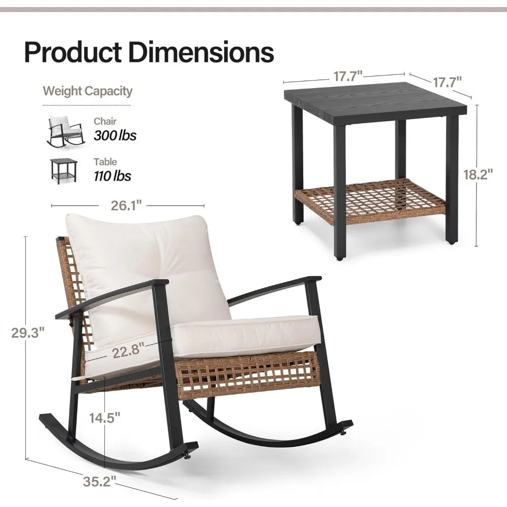 3 Pieces Rocking Bistro Set, Outdoor Patio Furniture Set with Thick Cushions and 2-Tier Coffee Table, Oversize Rattan Sets