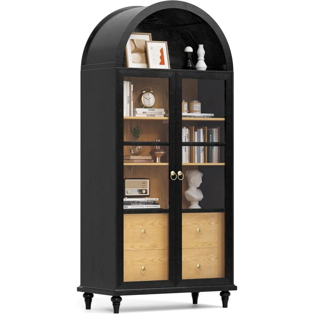 TIFICY Tall Arched Storage Cabinet With Drawers Glass Doors