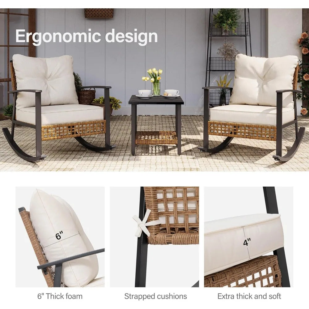 3 Pieces Rocking Bistro Set, Outdoor Patio Furniture Set with Thick Cushions and 2-Tier Coffee Table, Oversize Rattan Sets