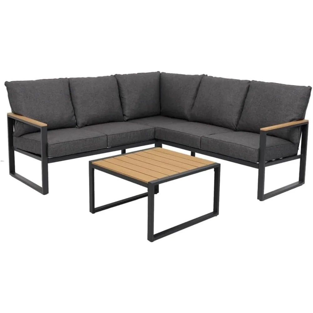 Patio Furniture Set 6 Pieces Outdoor Sectional Sofa Set with Side Table L Shape Patio Conversation Set with Faux Wood Tabletop