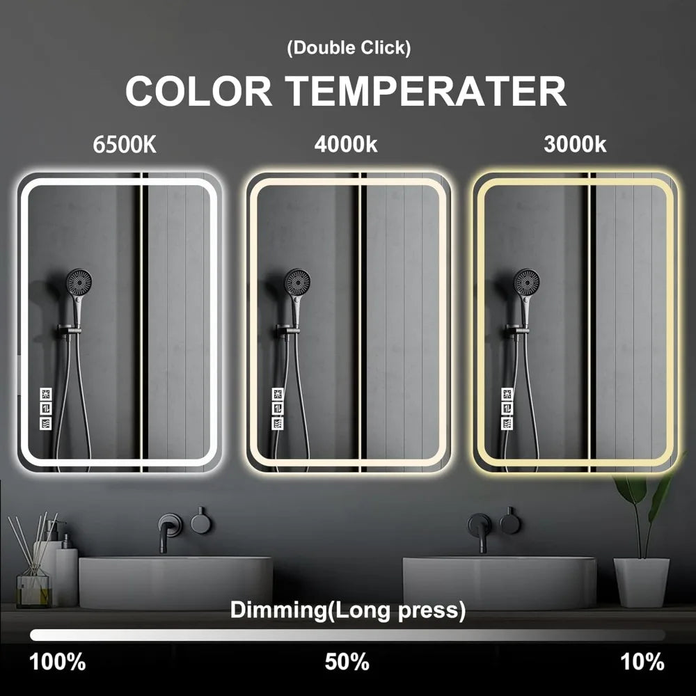 48*32 Inch Bathroom Mirror with Led Lights, Anti-Fog Lighted Vanity Mirrors for Wall Mounted, 3 Colors and 5 Level Dimmable