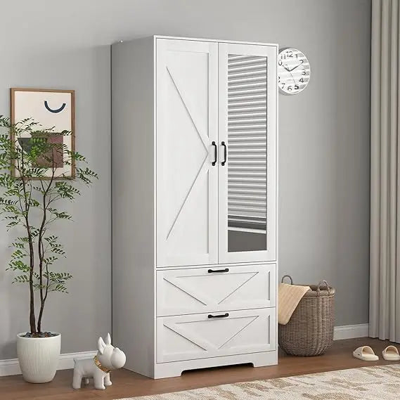 Armoire Wardrobe Cabinet With Mirror And 2 Drawers