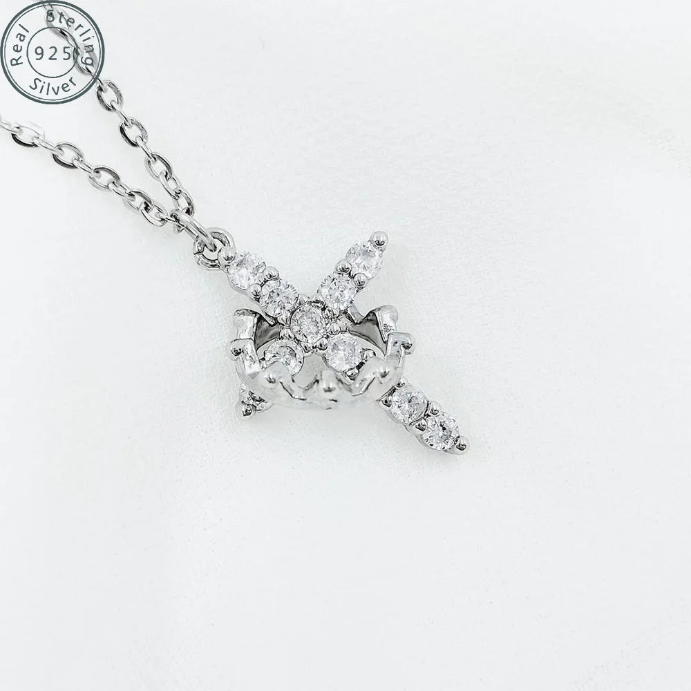 Women's Crown Cross Necklace 14K Gold Plated Pendant with Zircon for Parties