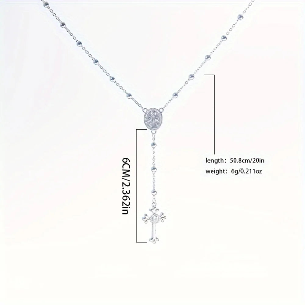 Italian 925 Sterling Silver Rosary Bead Cross Y Necklace