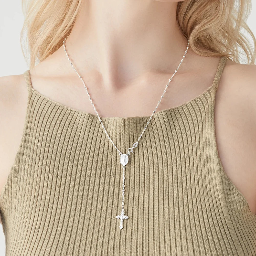 Italian 925 Sterling Silver Rosary Bead Cross Y Necklace