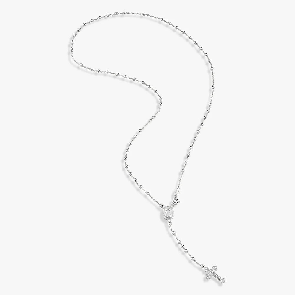 Italian 925 Sterling Silver Rosary Bead Cross Y Necklace