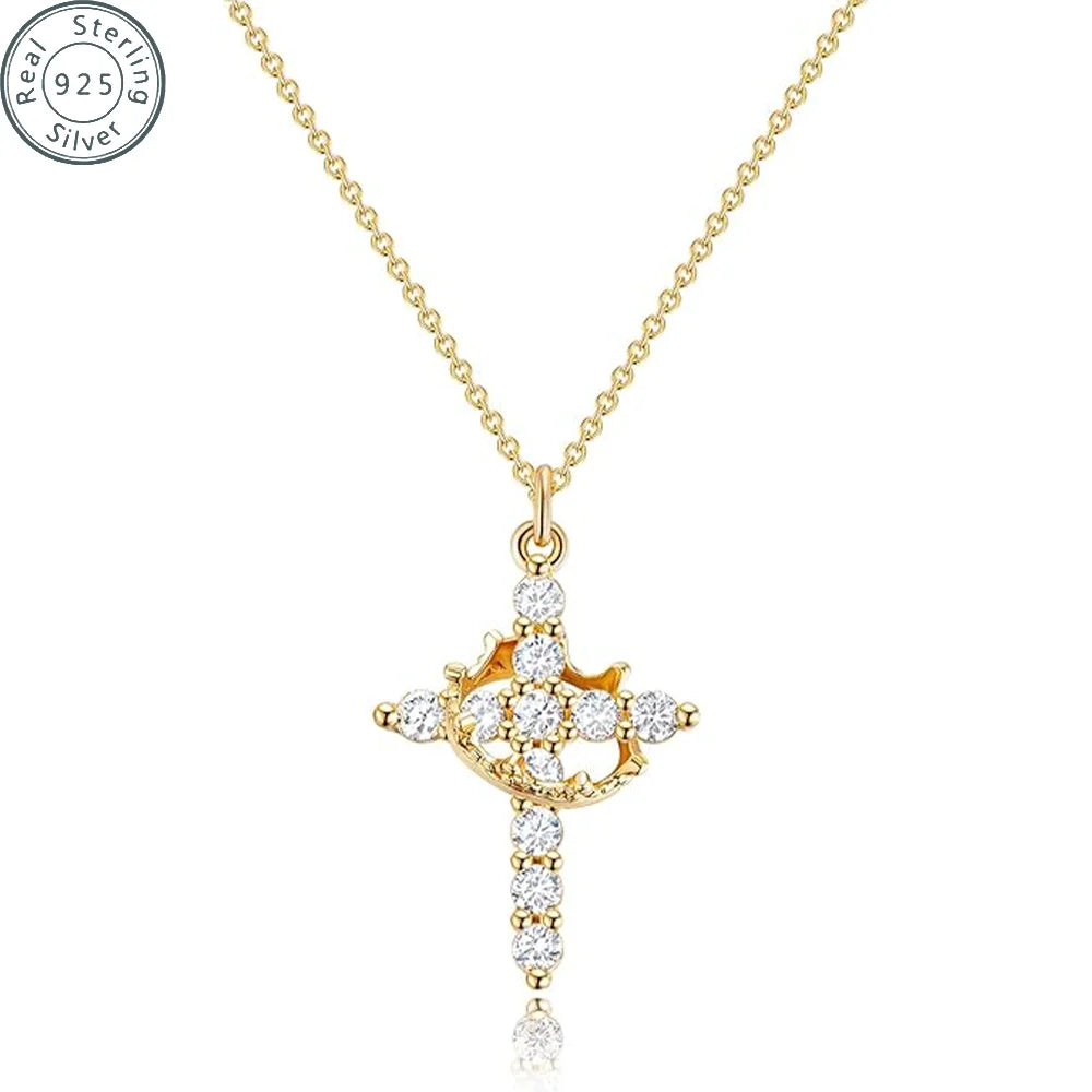 Women's Crown Cross Necklace 14K Gold Plated Pendant with Zircon for Parties
