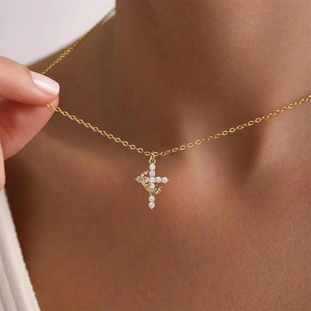 Women's Crown Cross Necklace 14K Gold Plated Pendant with Zircon for Parties