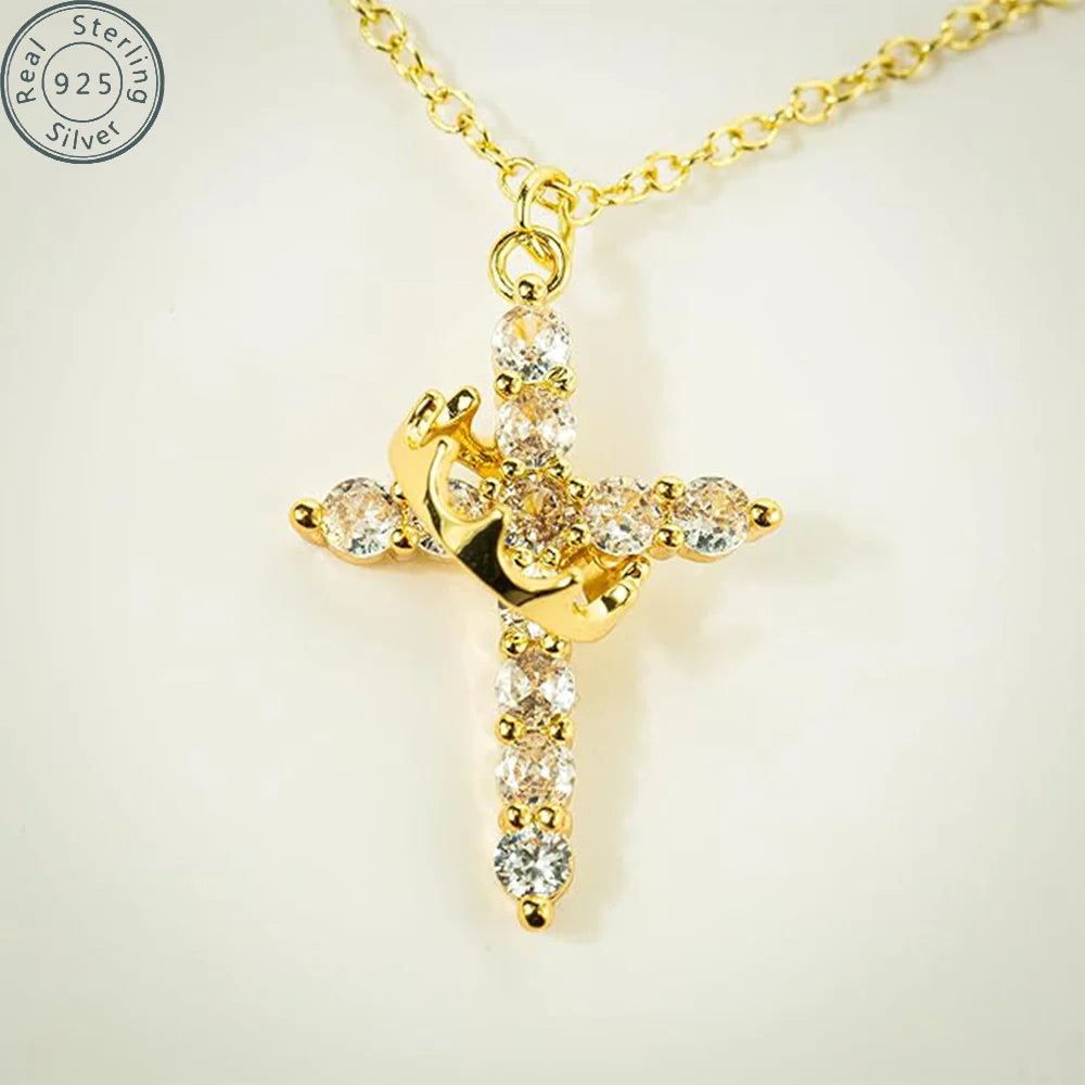 Women's Crown Cross Necklace 14K Gold Plated Pendant with Zircon for Parties