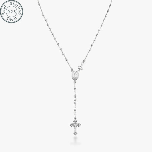 Italian 925 Sterling Silver Rosary Bead Cross Y Necklace