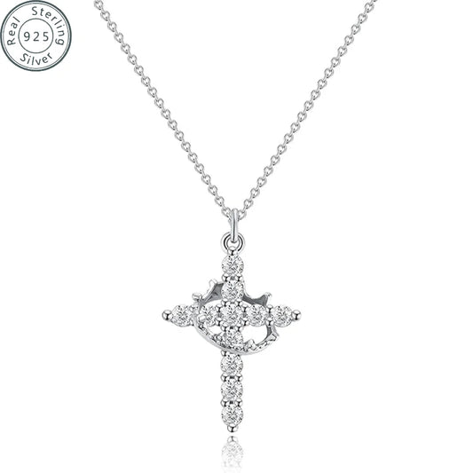 Women's Crown Cross Necklace 14K Gold Plated Pendant with Zircon for Parties