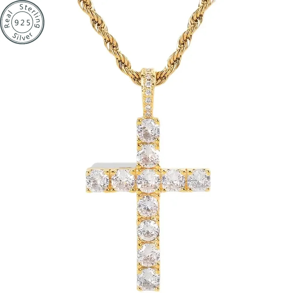Cross Necklace for Men Gold Necklace for Women Gold Cross Jewelry 14K Silver Plated Solid Iced Cubic Zirconia 925 sterling silve