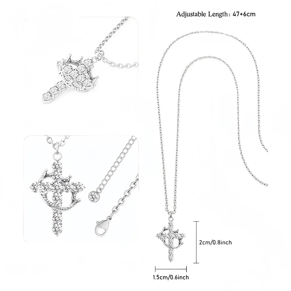 Women's Crown Cross Necklace 14K Gold Plated Pendant with Zircon for Parties