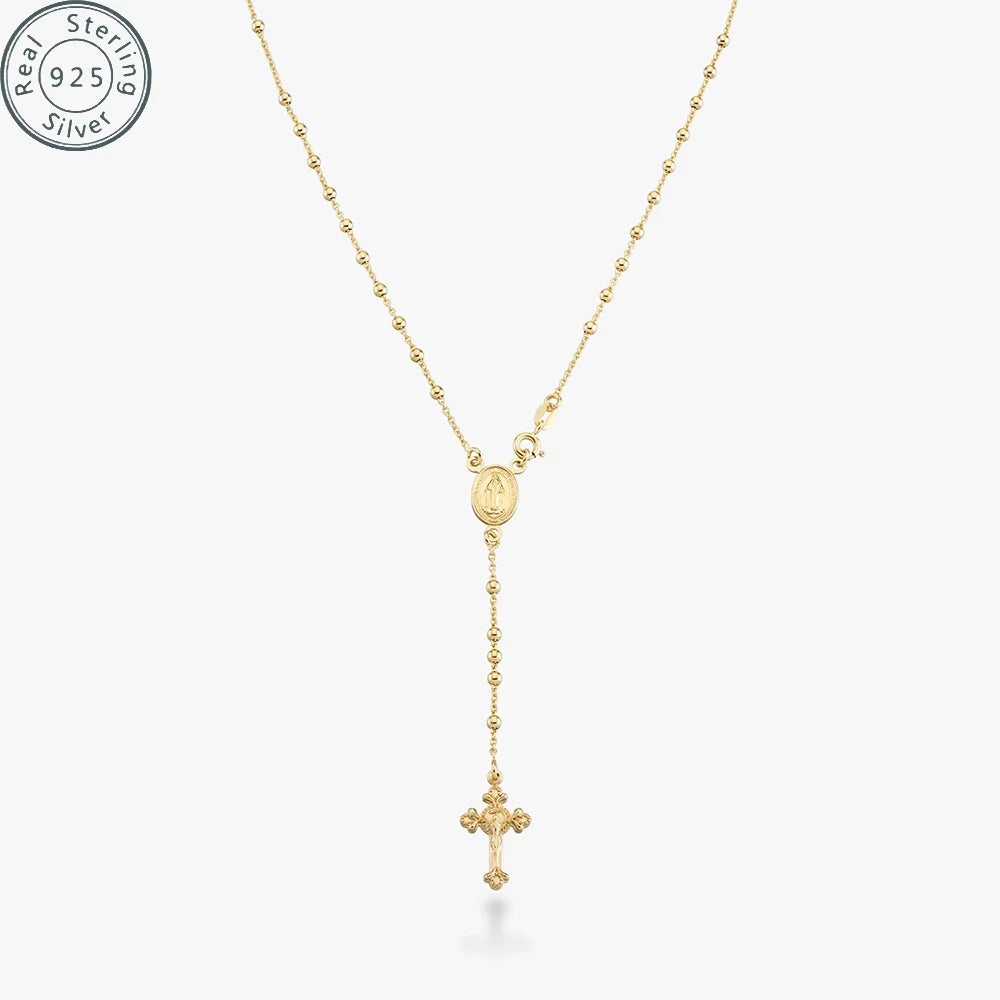 Italian 925 Sterling Silver Rosary Bead Cross Y Necklace