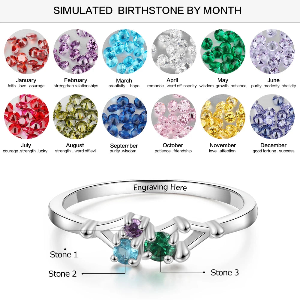 Jewelora 3 Birthstones Personalized Sterling Silver Ring