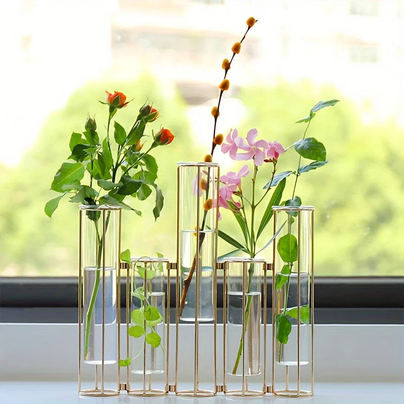 Test Tube Vase with Five Test Tubes Gold Centerpiece Vase with Metal Stand Glass Vase for Wedding Home Decoration