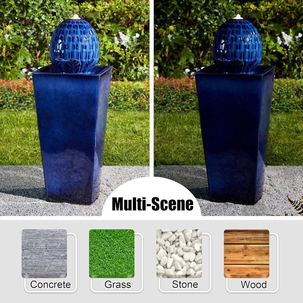 Ceramic Outdoor Water Fountain with LED Light,Patio Fountain Waterfall for Garden Patio Deck Porch, Cobalt Blue, 35.75" H