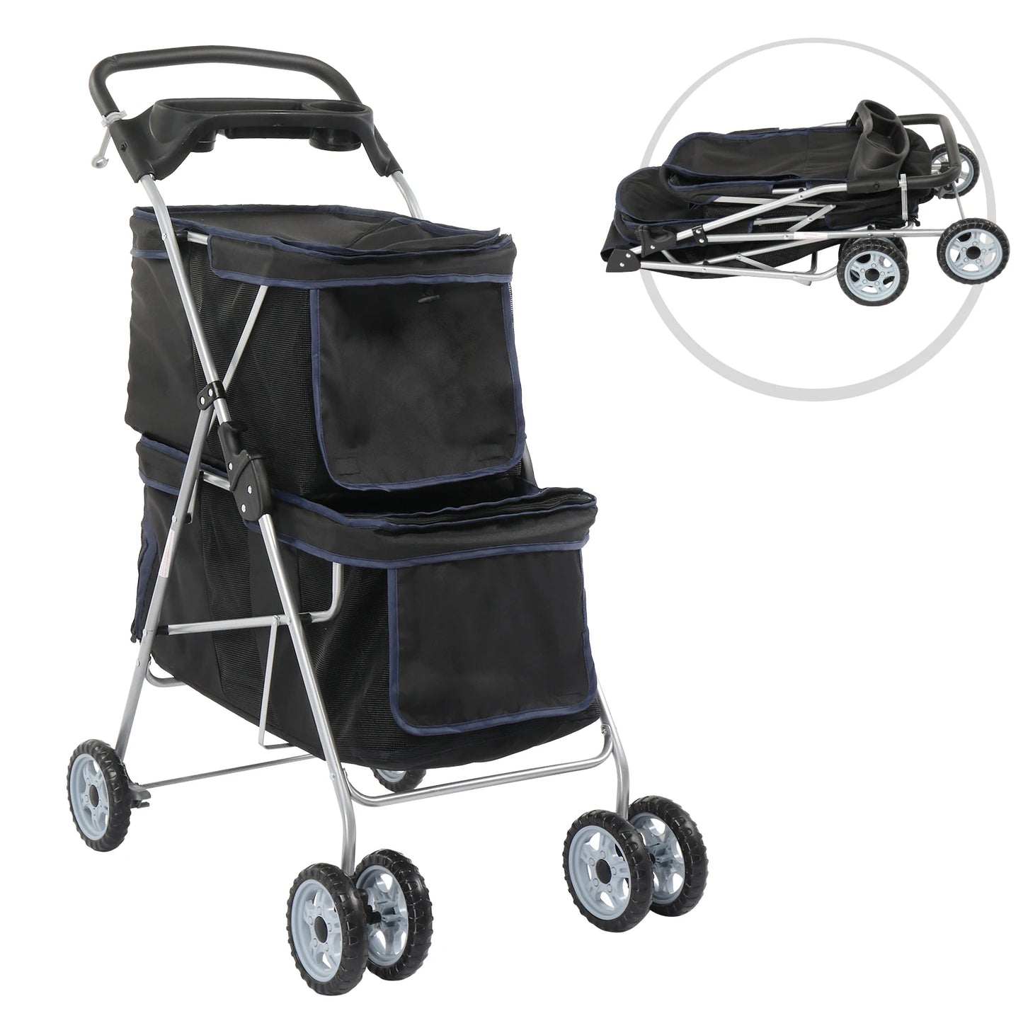 Pet Stroller for 2 Dogs Cats, Double 4 Wheel Cat Pet Carriers Bag Jogger for S M Pets, Waterproof Folding Crate with Soft Pad