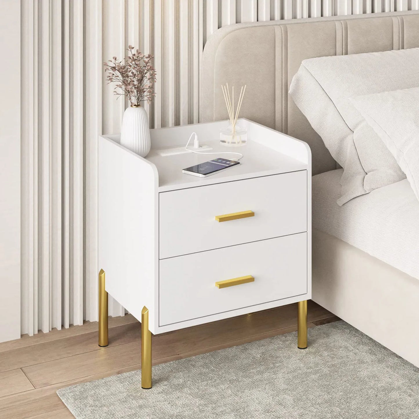 Vabches Nightstand Set Of 2 With Charging Station Wood Table