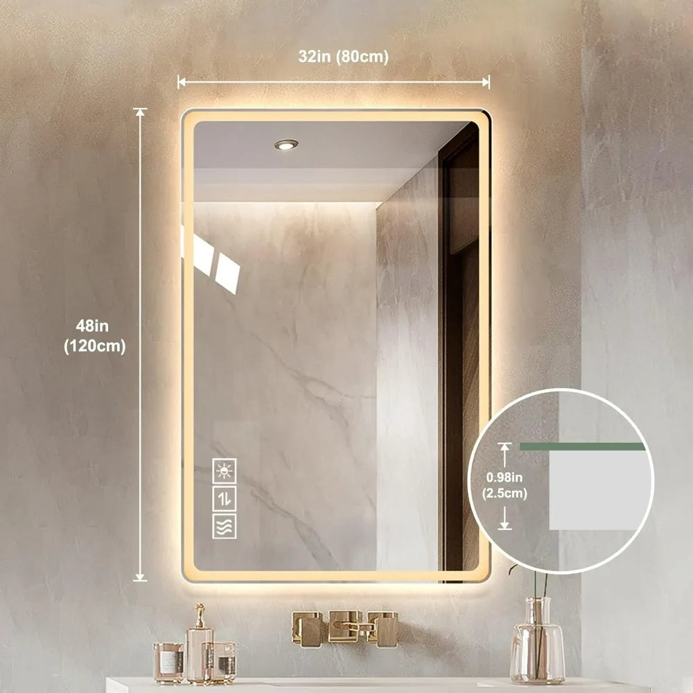 48*32 Inch Bathroom Mirror with Led Lights, Anti-Fog Lighted Vanity Mirrors for Wall Mounted, 3 Colors and 5 Level Dimmable