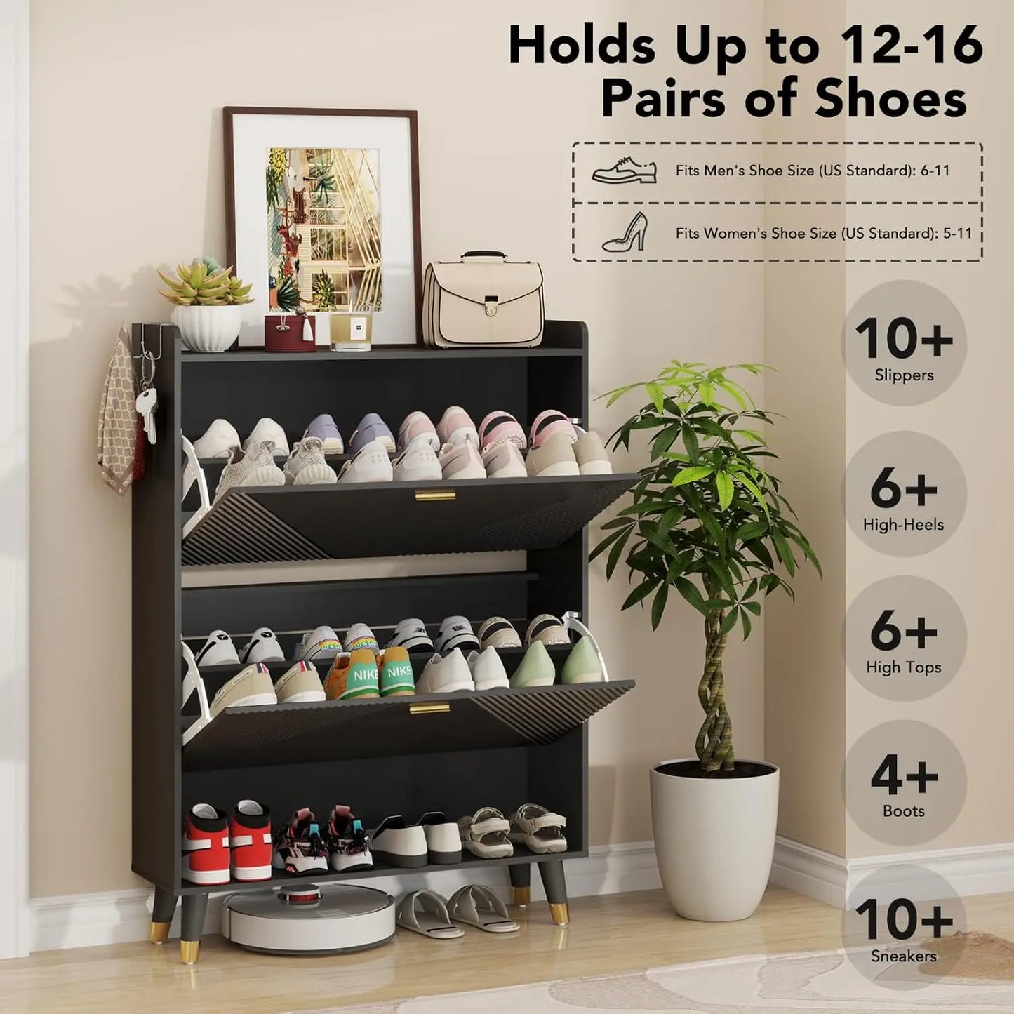 Shoe Cabinet for 24 Pairs, Fits Size 13, Slim Freestanding Shoe Rack Organizer with 2 Flip Drawers & Coat Hooks