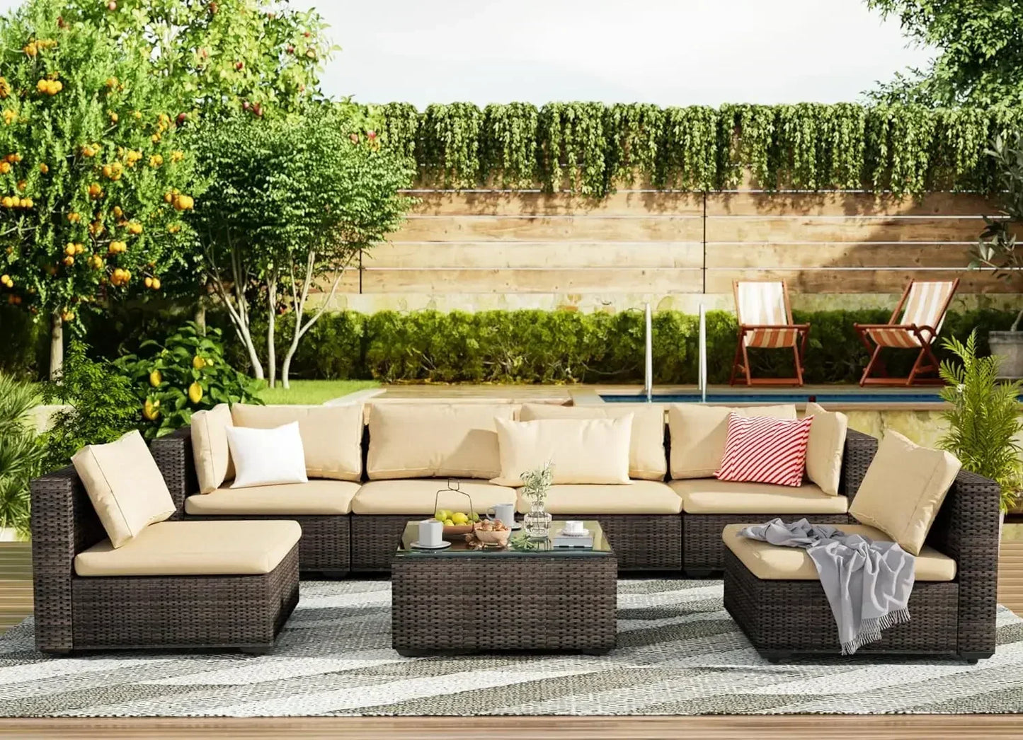 Patio Furniture 7 Pieces Set, Sectional PE Rattan Conversation Sets with Cushions& Glass Coffee Table, Patio Furniture Set