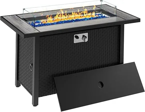 45in Fire Table, Propane Fire Pit with Glass Wind Guard and Rain Cover, Outdoor Firepit Table 50000 BTU 3-in-1 Fire Table for P
