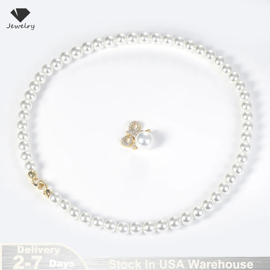 18K Gold Plated Women's Pearl Necklace With Zircon Pendant Classic Party Jewelry for Ladies Chain Gift Stock in  USA Warehouse