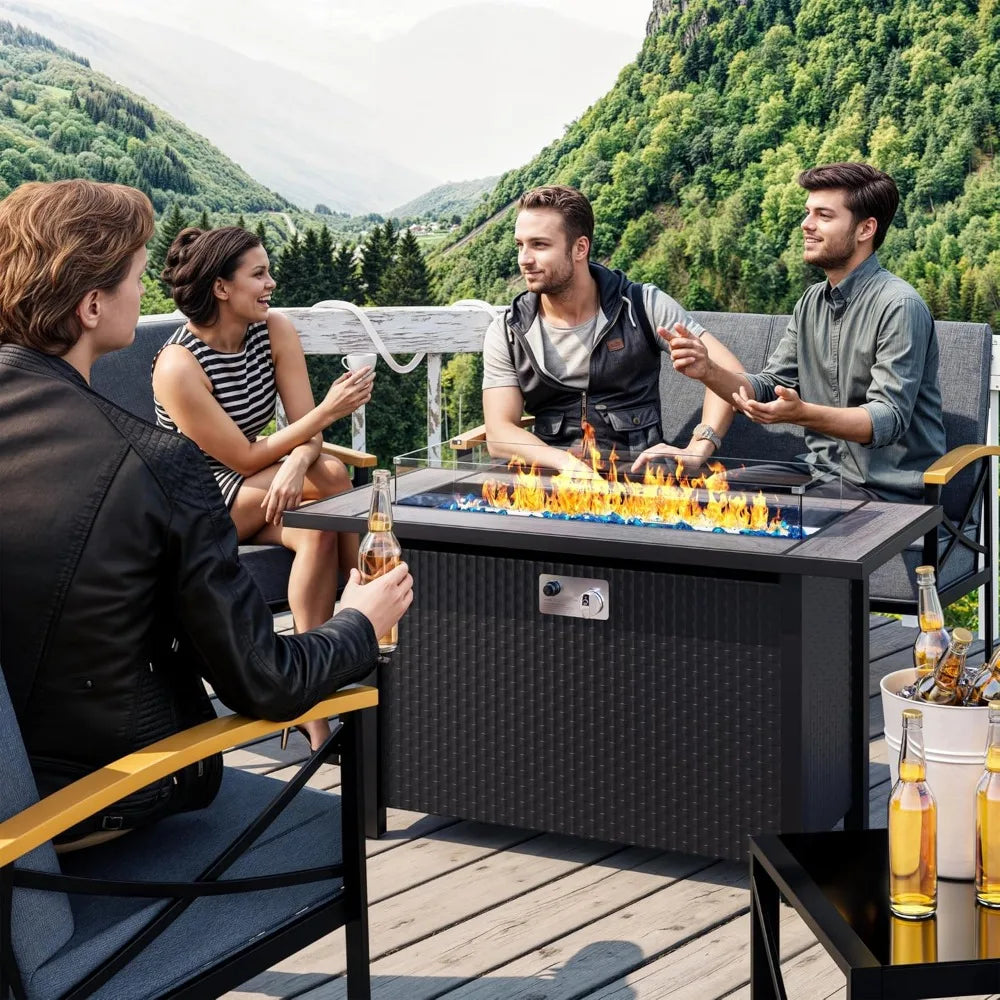 45in Fire Table, Propane Fire Pit with Glass Wind Guard and Rain Cover, Outdoor Firepit Table 50000 BTU 3-in-1 Fire Table for P