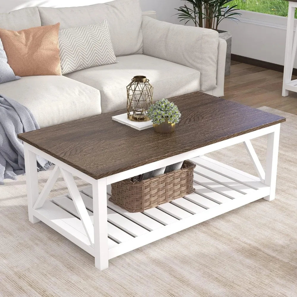 Farmhouse Coffee Table, Rustic Vintage Living Room Table with Shelf,Farmhouse Coffee Table