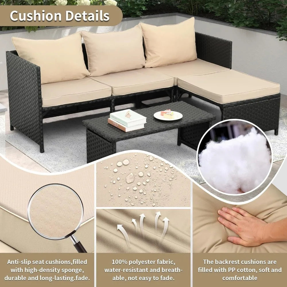 3-Piece Outdoor PE Rattan Furniture Set Patio Black Wicker Conversation Loveseat Sofa Sectional Couch Khaki Cushion