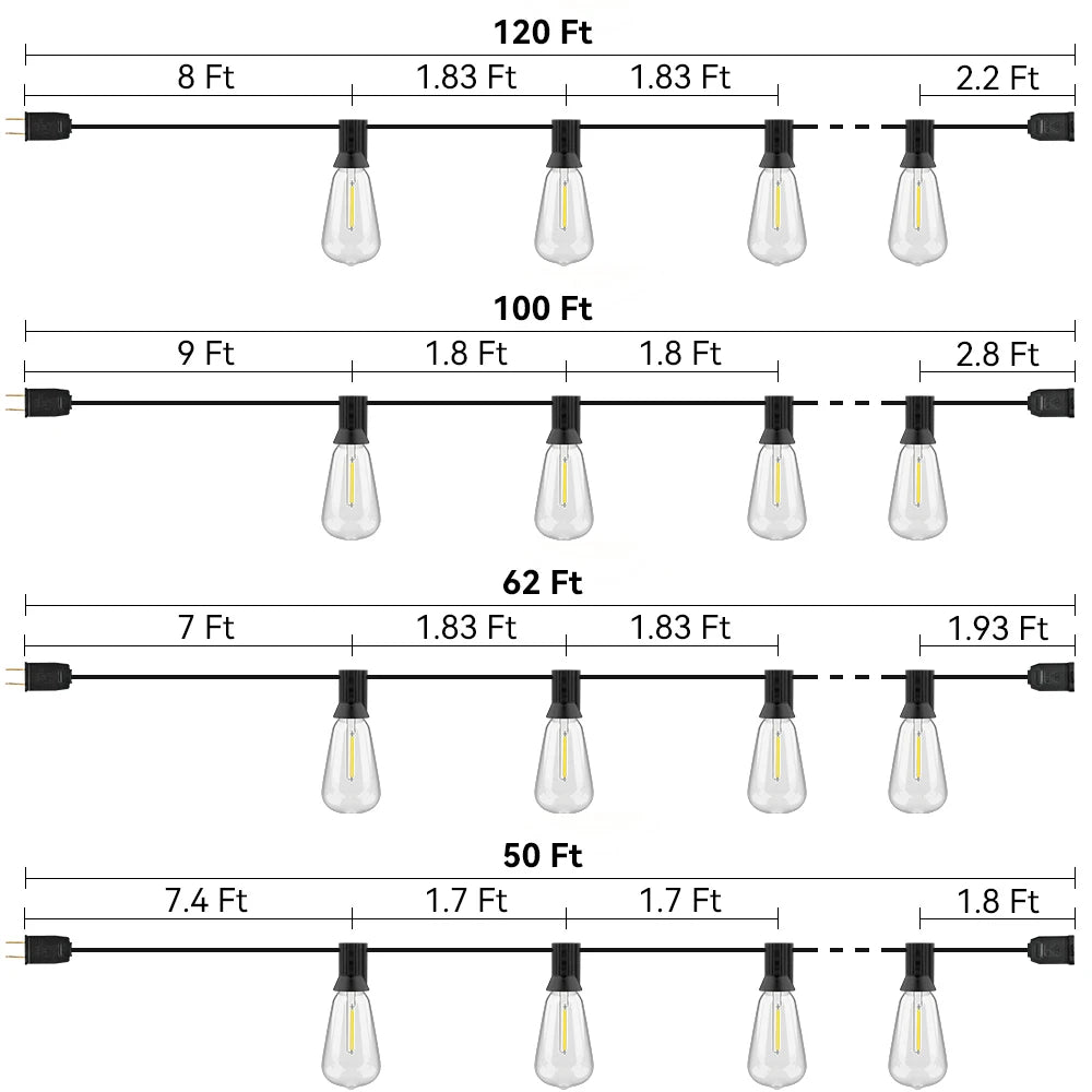 ST38 LED String Light 50FT 100FT IP65 Festoon Outdoor Light Garden Cafe Wedding Street Fairy String Lights Christmas Decoration