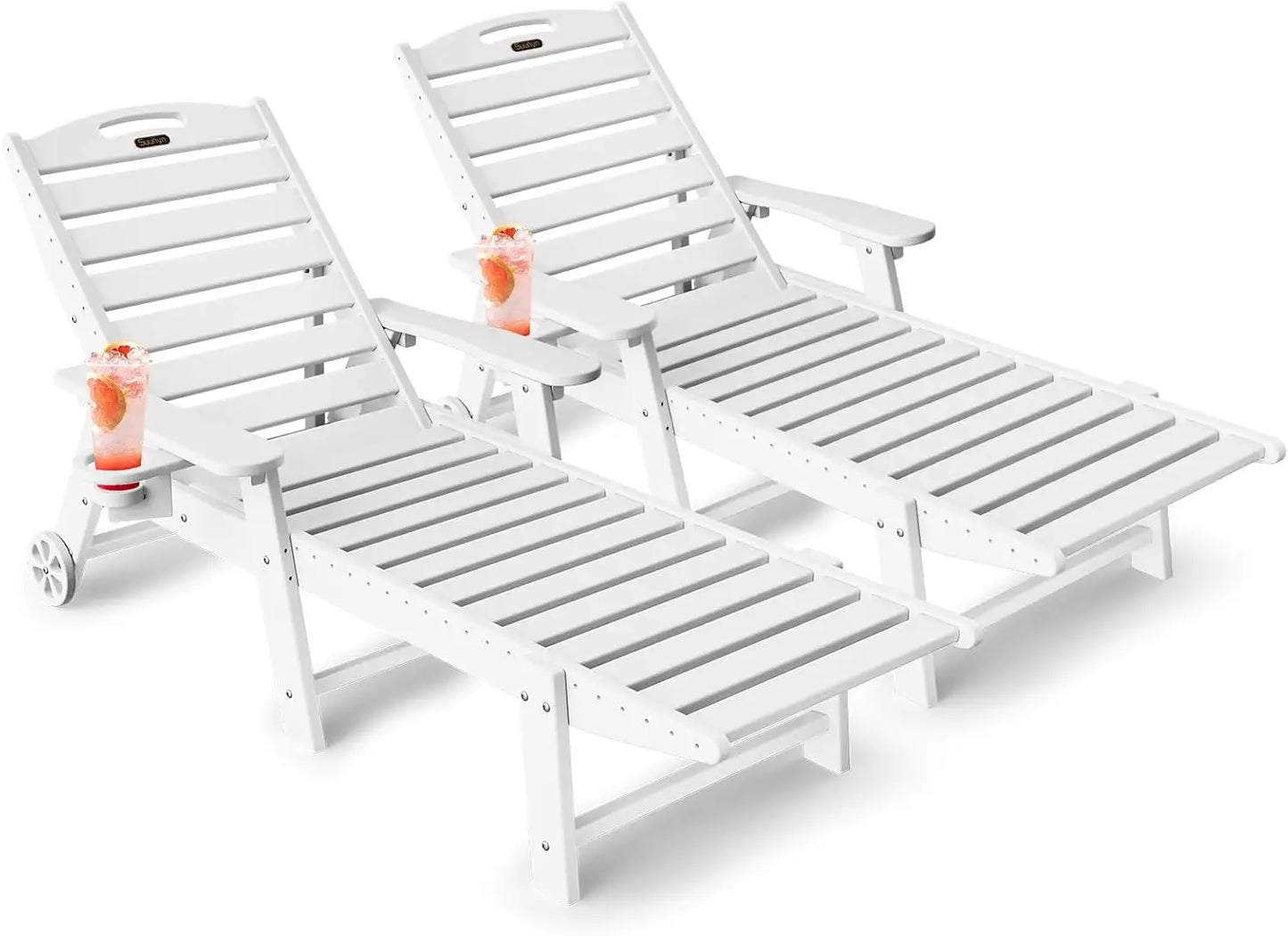 Outdoor Lounge Chairs Set of 2 with Wheels and Cup Holder